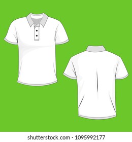 White polo, t-shirt mock up, front and back view, isolated on green background. Design polo shirt, template and mockup for print. Vector illustration, EPS10.