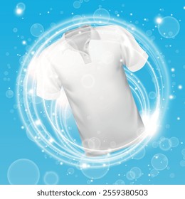 
White polo tshirt washing in water with soap bubble and Providing whiteness and deep clean. Vector illustration.