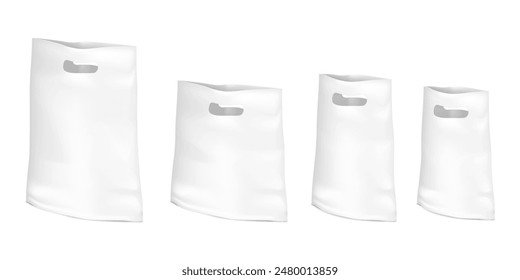 White poly bag with cut out handles isolated on white background. Realistic vector mockup set. Die-cut handle polybag template. Blank plastic package mock-up