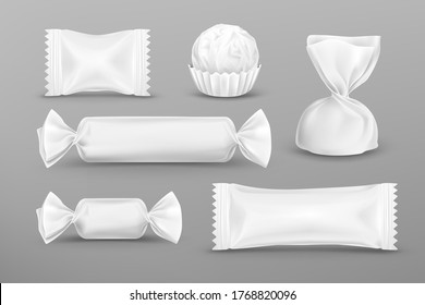 White polyethylene package for candies, chocolate, lollipops, truffle, food snacks and pouch sweets production. Vector mockup set of candy wrappers for brand ad design isolated on grey background.