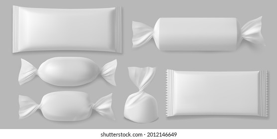 White polyethylene package for candies, isolated on grey background.