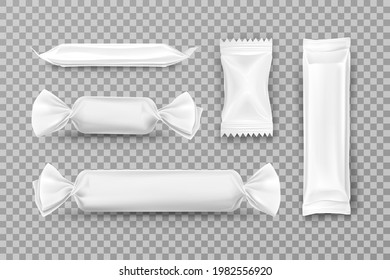 White polyethylene package for caramel candies, chocolate bars, food snacks and pouch sweets production. Candy wrappers set mockup isolated on transparent background. Production design elements.