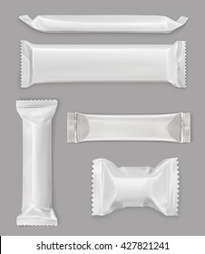 White polyethylene package, chocolate bar, vector mockup set