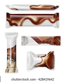 Paquete de polietileno blanco, barra de chocolate, conjunto de maquillaje vectorial