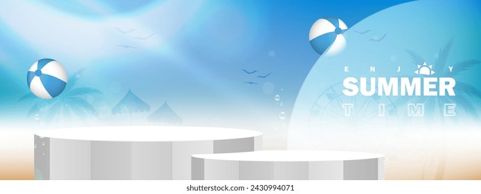 White polygon podium decoration with beach balls, silhouette of party beach on blue sky background. Platform for display product, show, sale, advertising. Summer background. Vector illustration.