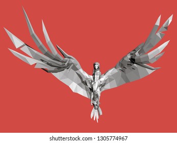 White polygonal eagle on a red background. The eagle spread its wings. Front view. 3D Vector illustration.