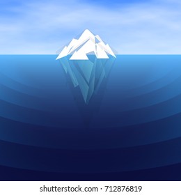 White polygonal Iceberg sailing, vector illustration. Underwater and overwater 
 Ice berg, white mountain peak in blue ocean water.