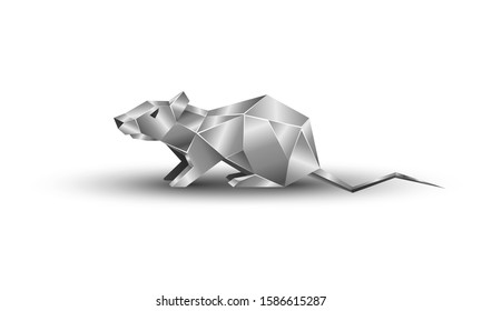 White Polygonal and Metal Rat as a Symbol of Chinese New Year. Vector Sitting Mouse with Metal texture on White Background as Invitation Template for New Year Party.