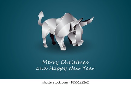 White Polygonal Ox as a Symbol of Chinese New Year. Vector Origami Bull with Metal texture on Soft Blue Background as Invitation Template for New Year Party.