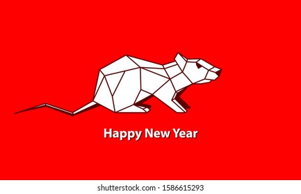 White Polygonal Sitting Rat as a Symbol of Chinese New Year. Vector Linear Mouse on Red Background as Invitation Template for New Year Party.