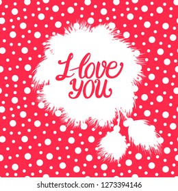 White Pompons fluffy fur with I love you lettering inscription. Valentines day design. Textured card