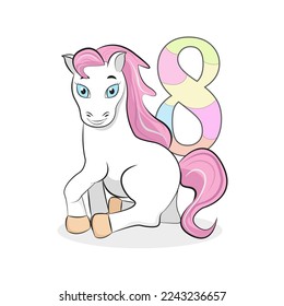 A white pony with blue eyes and a pink mane with a multi-colored number 8. Decor for an invitation to a birthday party for 8 years