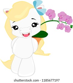 White pony with present orchid.