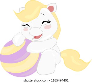 White pony with striped ball.