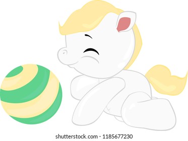 White pony with striped ball.
