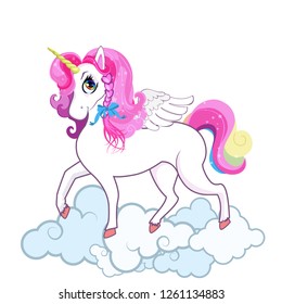 White pony unicorn with big eyes, golden horn, feather wings and pink mane, hooves on the cloud isolated on white background. Cute cartoon character. Vector Illustration, clip art, sticker, icon.