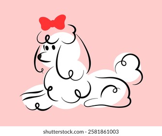 White poodle with a bow lying down. Cute hand drawn illustration for decoration