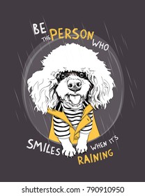 White Poodle Dog in a striped cardigan and in a yellow raincoat on a gray rain background. Vector illustration.