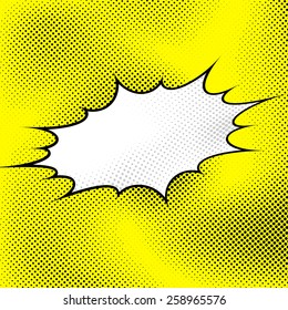 White pop art style explosion over yellow dotted background. Vector illustration