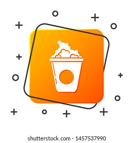 White Popcorn in cardboard box icon isolated on white background. Popcorn bucket box. Orange square button. Vector Illustration