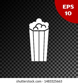 White Popcorn in cardboard box icon isolated on transparent dark background. Popcorn bucket box.  Vector Illustration