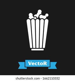 White Popcorn in cardboard box icon isolated on black background. Popcorn bucket box.  Vector Illustration