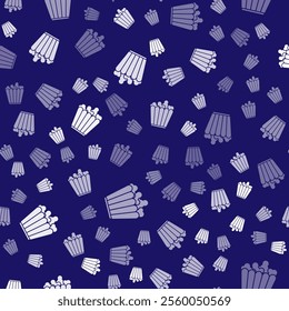 White Popcorn in cardboard box icon isolated seamless pattern on blue background. Popcorn bucket box.  Vector Illustration