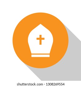 White Pope hat icon isolated on white background. Christian hat sign. Orange circle button. Flat design. Vector Illustration