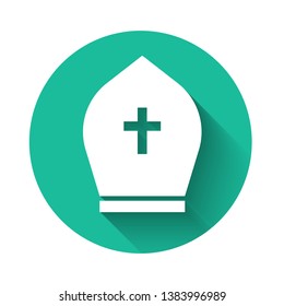 White Pope hat icon isolated with long shadow. Christian hat sign. Green circle button. Vector Illustration