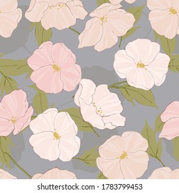 White Poppies Intricate Vector Seamless Pattern. Retro Blossom Illustration. Poppy Elegance Texture. Pink Flowers Motif.