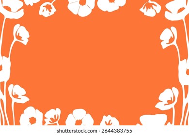 White poppy floral border vector illustration on vibrant orange background with frame design, place for a text