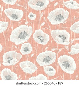 White poppy flowers on a peach-colored background, Woodblock print seamless pattern, seamless repeating vector, design for textile print. Vector illustration.