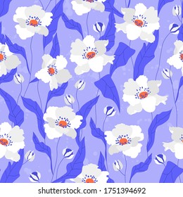 Flores de amapola blancas sin fisuras. Hermosas flores de amapola dibujadas a mano en un fondo morado. Diseño repetible para papelería, textiles, banner web y envoltura. Patrón de flores de campo de moda.