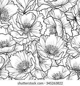 White poppy flowers  vector seamless pattern