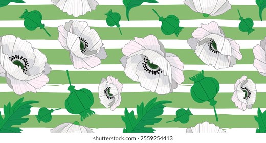 White poppy seamless pattern design, background with white stripes. Flat vector illustration and design for fabric, textile, fashion, wallpaper, wrapping and all prints.