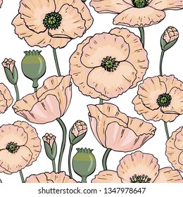 White poppy seamless pattern. Vector hand drawn illustration. Flower with bud.