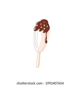 White popsicle with chocolate icing and sprinkles on a stick in a contour style, isolated on a white background. Summer sweets