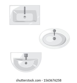 A white porcelain or ceramic sinks with chrome tap top view. A vector collection or set of plumbing for design isolated on white background.