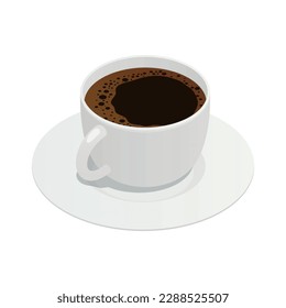 White porcelain cup of black coffee on saucer isometric icon vector illustration