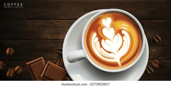 White porcelain cup with coffee latte and chocolate on a wooden table. Hearts shaped pattern in a cup. High detailed realistic illustration.