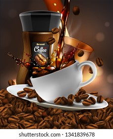 White porcelain cup with a coffee splash, coffee beans, a jar of coffee, transparent background.  3D vector. High detailed realistic illustration