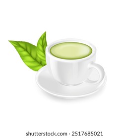 White porcelain cup, green tea and fresh leaves, on white background, cup for drinks, tea and coffee, mockup for advertising and design. 