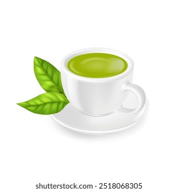 White porcelain cup, green tea and fresh leaves, on white background, cup for drinks, tea and coffee, mockup for advertising and design. 