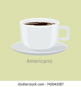 White porcelain cup on saucer with americano flat vector. Hot invigorating drink with caffeine. Brewed with water black coffee illustration for coffee house or cafe menus design