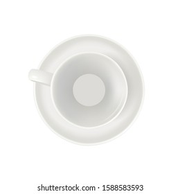 White porcelain cup and saucer isolated on white  background, cup for drinks, tea and coffee, mockup for advertising and design. Vector.