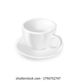 White porcelain cup and saucer isolated on white  background, cup for drinks, tea and coffee, mockup for advertising and design. Vector.