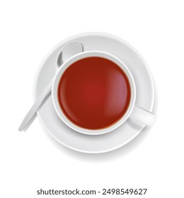 White porcelain cup, spoon and saucer with black tea, on white background, cup for drinks, tea and coffee, mockup for advertising and design. Top view.