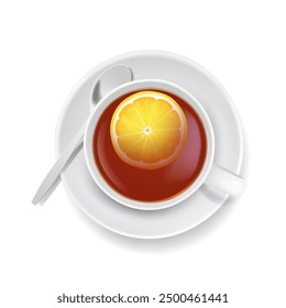 White porcelain cup, spoon and saucer with black tea and lemon, on white background, cup for drinks, tea and coffee, mockup for advertising and design. Top view.