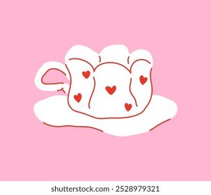 White porcelain cute cup and saucer with red hearts on pink background, hand drawn illustration, flat style