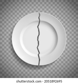 White porcelain plate is broken into two pieces. Template is isolated on transparent background. Vector illustration.